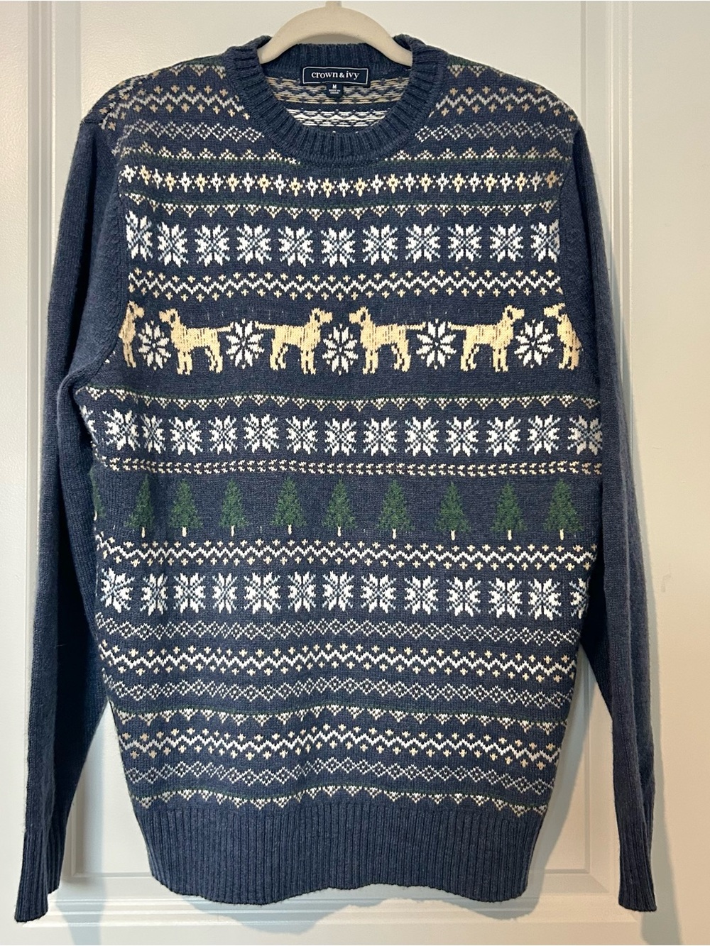 Crown & Ivy Mens Hound Fair Isle Dog Crew Neck Lambswool Blend Sweater M Blue